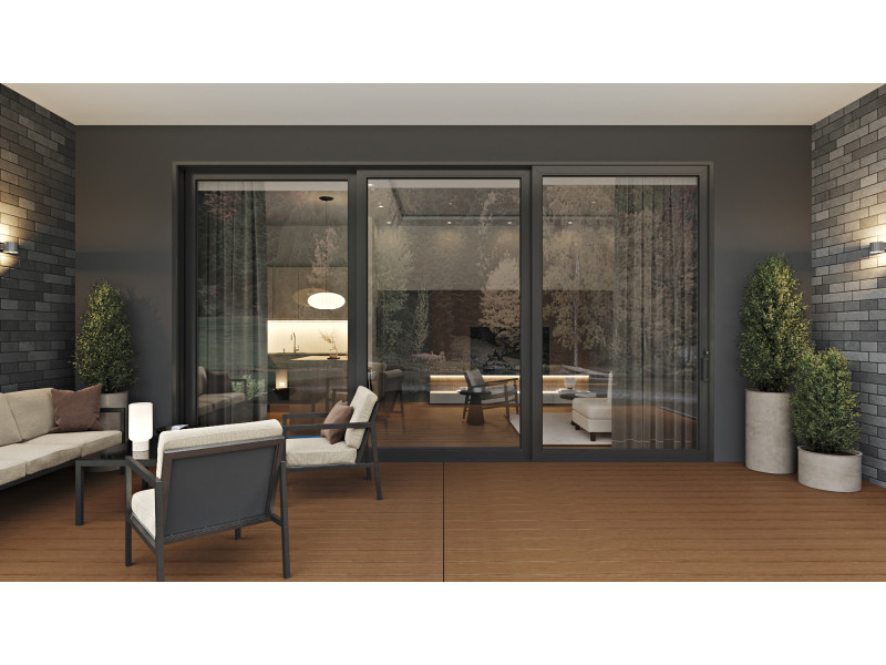 Aria 3 Panels - Vinyl Stacking Sliding Door - ORR or LLO. Available : 144" - 216" in Width and up to 120" in Height