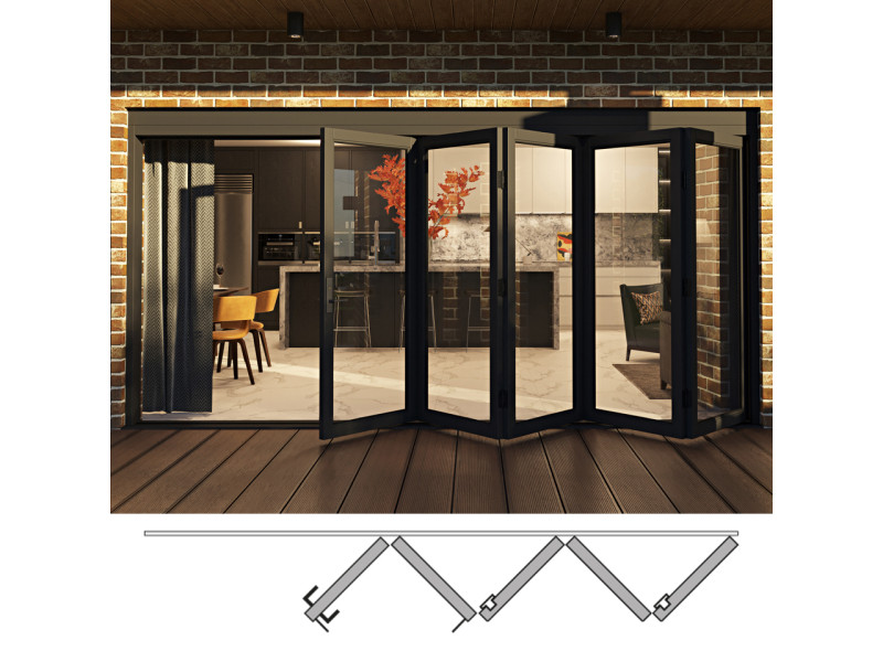 Rail and Stile Bi-Folding Door - 5R (5 panels moving right). Available: 124-1/2" - 202-1/2" in Width and 36" - 110" in Height