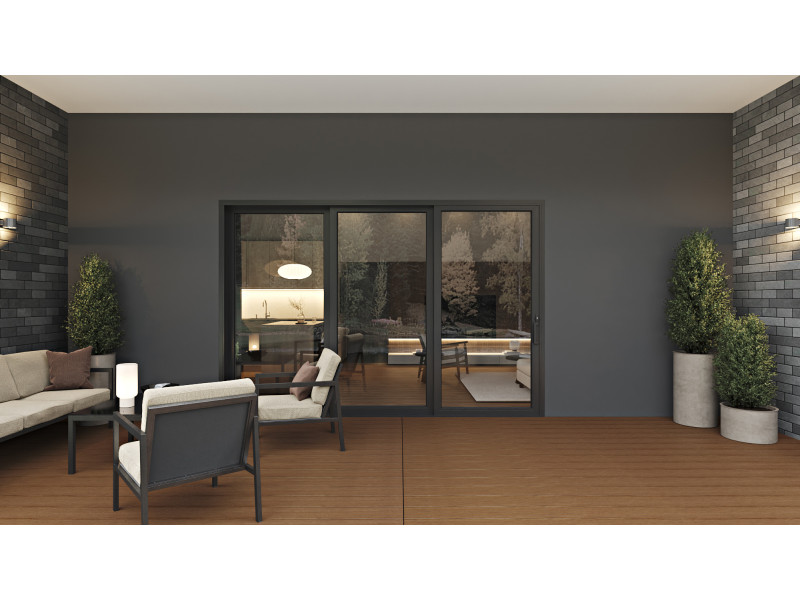 Rimini 3 Panels - Vinyl Stacking Sliding Door - ORR or LLO. Available : 86-7/16", 104-7/16", 140-7/16" in Width and up to 95-1/4" in Height